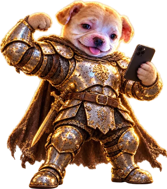 The puppy flexing one armoured arm while checking the phone with the other
