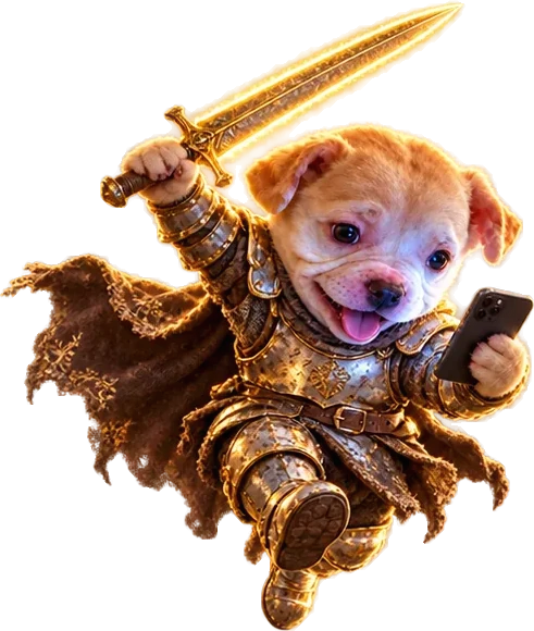 The puppy leaping with the sword raised, still reading his phone
