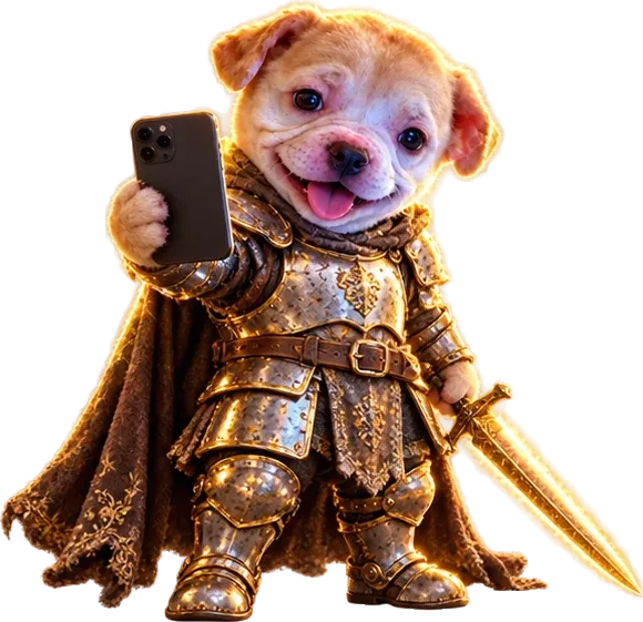 The armoured puppy grinning into a selfie, sword forgotten in the other paw