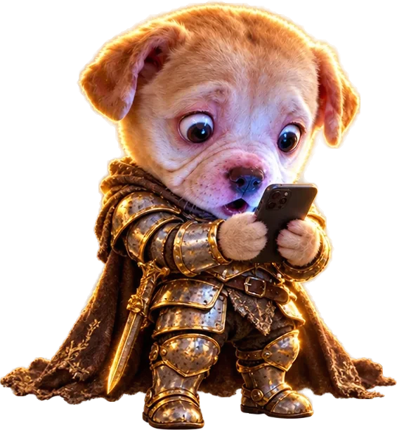 The puppy wide-eyed, both paws on the phone