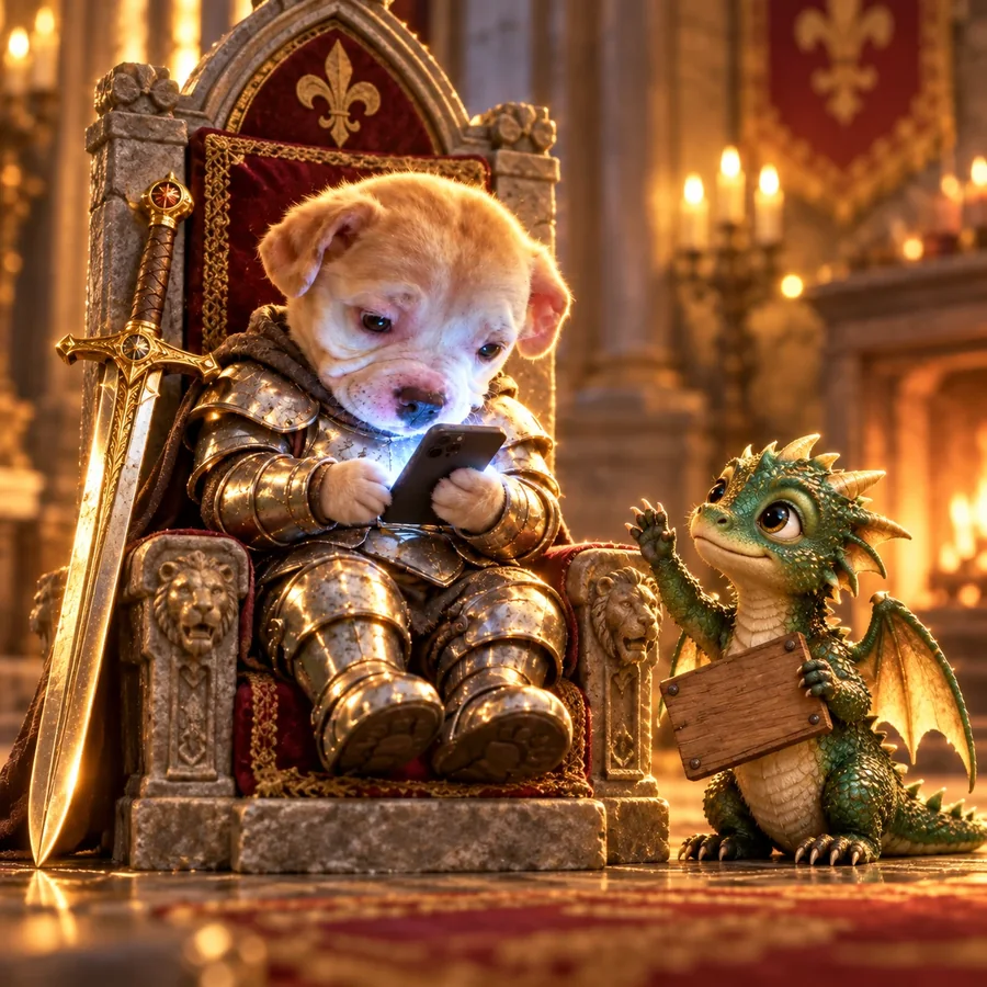 The puppy slumped on a stone throne, scrolling, while a small green dragon waves a wooden sign at him